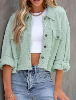 Best Women's Casual Jacket Comfortable Breathable Pocket Buttons Casual Plain Vacation Street Casual Daily Wear Single Breasted Short Turndown Regular Fit Long Sleeve Outerwear Black White Green Spring Women Jackets