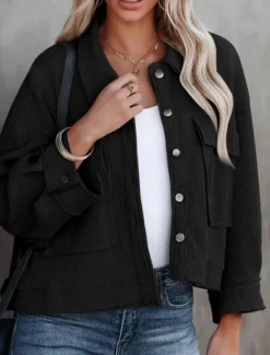 Best Women's Casual Jacket Comfortable Breathable Pocket Buttons Casual Plain Vacation Street Casual Daily Wear Single Breasted Short Turndown Regular Fit Long Sleeve Outerwear Black White Green Spring Women Jackets