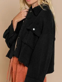 Best Women's Casual Jacket Comfortable Breathable Pocket Buttons Casual Plain Vacation Street Casual Daily Wear Single Breasted Short Turndown Regular Fit Long Sleeve Outerwear Black White Green Spring Women Jackets