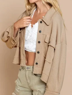 Best Women's Casual Jacket Comfortable Breathable Pocket Buttons Casual Plain Vacation Street Casual Daily Wear Single Breasted Short Turndown Regular Fit Long Sleeve Outerwear Black White Green Spring Women Jackets