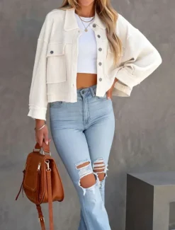 Best Women's Casual Jacket Comfortable Breathable Pocket Buttons Casual Plain Vacation Street Casual Daily Wear Single Breasted Short Turndown Regular Fit Long Sleeve Outerwear Black White Green Spring Women Jackets