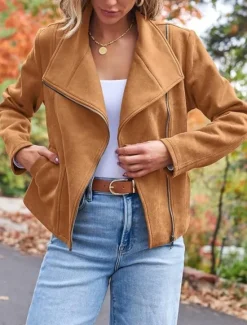 Best Women's Casual Jacket Comfortable Breathable Zipper Pocket Casual Plain Vacation Street Casual Daily Wear Zipper Short Lapel Regular Fit Long Sleeve Outerwear Black Brown Army Green Spring Fall Women Jackets