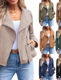 Best Women's Casual Jacket Comfortable Breathable Zipper Pocket Casual Plain Vacation Street Casual Daily Wear Zipper Short Lapel Regular Fit Long Sleeve Outerwear Black Brown Army Green Spring Fall Women Jackets