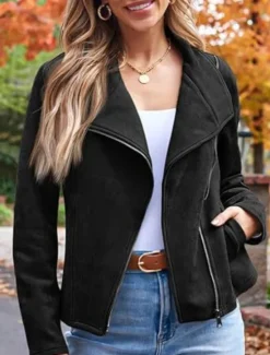 Best Women's Casual Jacket Comfortable Breathable Zipper Pocket Casual Plain Vacation Street Casual Daily Wear Zipper Short Lapel Regular Fit Long Sleeve Outerwear Black Brown Army Green Spring Fall Women Jackets