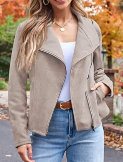 Best Women's Casual Jacket Comfortable Breathable Zipper Pocket Casual Plain Vacation Street Casual Daily Wear Zipper Short Lapel Regular Fit Long Sleeve Outerwear Black Brown Army Green Spring Fall Women Jackets