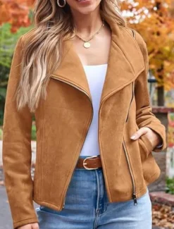 Best Women's Casual Jacket Comfortable Breathable Zipper Pocket Casual Plain Vacation Street Casual Daily Wear Zipper Short Lapel Regular Fit Long Sleeve Outerwear Black Brown Army Green Spring Fall Women Jackets