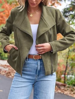 Best Women's Casual Jacket Comfortable Breathable Zipper Pocket Casual Plain Vacation Street Casual Daily Wear Zipper Short Lapel Regular Fit Long Sleeve Outerwear Black Brown Army Green Spring Fall Women Jackets