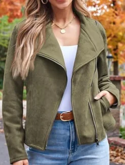 Best Women's Casual Jacket Comfortable Breathable Zipper Pocket Casual Plain Vacation Street Casual Daily Wear Zipper Short Lapel Regular Fit Long Sleeve Outerwear Black Brown Army Green Spring Fall Women Jackets