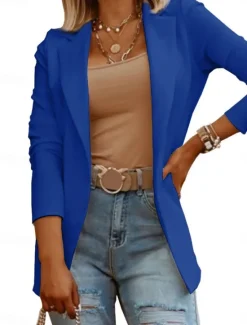 Women's Casual Jacket Comfortable Breathable Slim Fit Casual Plain Vacation Work Street Casual Open Front Regular Turndown Regular Fit Long Sleeve Outerwear Black White Blue Summer Spring Women Blazers & Suits