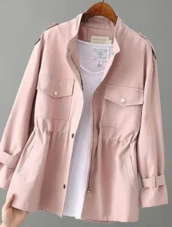 Clearance Women's Casual Jacket Comfortable Breathable Pocket Casual Plain Street Casual Daily Wear Zipper Regular Turndown Loose Fit Long Sleeve Outerwear Black White Pink Summer Women Jackets|Blazers & Suits