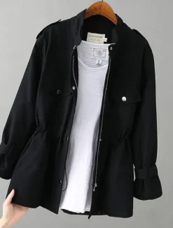 Clearance Women's Casual Jacket Comfortable Breathable Pocket Casual Plain Street Casual Daily Wear Zipper Regular Turndown Loose Fit Long Sleeve Outerwear Black White Pink Summer Women Jackets|Blazers & Suits
