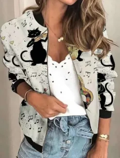 Outlet Women's Casual Jacket Comfortable Breathable Zipper Print Casual Floral Vacation Street Daily Wear Going out Zipper Regular Stand Collar Regular Fit Long Sleeve Outerwear Black Red Blue Summer Spring Women Jackets