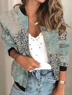 Outlet Women's Casual Jacket Comfortable Breathable Zipper Print Casual Floral Vacation Street Daily Wear Going out Zipper Regular Stand Collar Regular Fit Long Sleeve Outerwear Black Red Blue Summer Spring Women Jackets