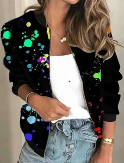 Outlet Women's Casual Jacket Comfortable Breathable Zipper Print Casual Floral Vacation Street Daily Wear Going out Zipper Regular Stand Collar Regular Fit Long Sleeve Outerwear Black Red Blue Summer Spring Women Jackets
