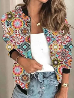 Outlet Women's Casual Jacket Comfortable Breathable Zipper Print Casual Floral Vacation Street Daily Wear Going out Zipper Regular Stand Collar Regular Fit Long Sleeve Outerwear Black Red Blue Summer Spring Women Jackets