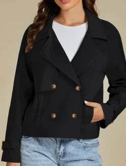 Sale Women's Casual Jacket Comfortable Breathable Buttons Casual Plain Vacation Street Casual Daily Wear Double Breasted Short Turndown Regular Fit Long Sleeve Outerwear Spring Fall Women Jackets|Coats & Trench Coats