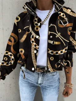 Discount Women's Casual Jacket Comfortable Breathable Zipper Print Casual Color Block Vacation Street Casual Daily Wear Zipper Short Turndown Regular Fit Long Sleeve Outerwear Black White Yellow Spring Fall Women Coats & Trench Coats