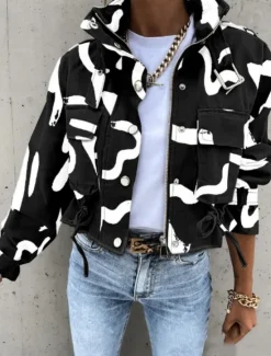 Discount Women's Casual Jacket Comfortable Breathable Zipper Print Casual Color Block Vacation Street Casual Daily Wear Zipper Short Turndown Regular Fit Long Sleeve Outerwear Black White Yellow Spring Fall Women Coats & Trench Coats