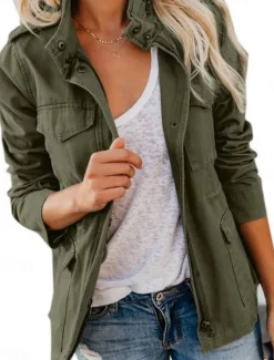 Discount Women's Casual Jacket Comfortable Breathable Zipper Pocket Fashion Casual Plain Vacation Street Casual Daily Wear Zipper Regular Stand Collar Regular Fit Long Sleeve Outerwear Black Wine Brown Summer Women Jackets