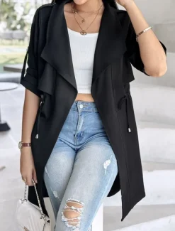 Discount Women's Casual Jacket Comfortable Breathable Pocket Fashion Casual Plain Vacation Street Casual Daily Wear Open Front Regular Turndown Regular Fit Long Sleeve Outerwear Black Khaki Army Green Summer Women Jackets|Coats & Trench Coats