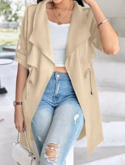 Discount Women's Casual Jacket Comfortable Breathable Pocket Fashion Casual Plain Vacation Street Casual Daily Wear Open Front Regular Turndown Regular Fit Long Sleeve Outerwear Black Khaki Army Green Summer Women Jackets|Coats & Trench Coats