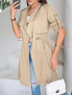 Discount Women's Casual Jacket Comfortable Breathable Pocket Fashion Casual Plain Vacation Street Casual Daily Wear Open Front Regular Turndown Regular Fit Long Sleeve Outerwear Black Khaki Army Green Summer Women Jackets|Coats & Trench Coats