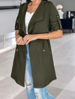 Discount Women's Casual Jacket Comfortable Breathable Pocket Fashion Casual Plain Vacation Street Casual Daily Wear Open Front Regular Turndown Regular Fit Long Sleeve Outerwear Black Khaki Army Green Summer Women Jackets|Coats & Trench Coats