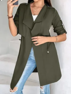 Discount Women's Casual Jacket Comfortable Breathable Pocket Fashion Casual Plain Vacation Street Casual Daily Wear Open Front Regular Turndown Regular Fit Long Sleeve Outerwear Black Khaki Army Green Summer Women Jackets|Coats & Trench Coats