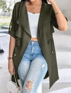Discount Women's Casual Jacket Comfortable Breathable Pocket Fashion Casual Plain Vacation Street Casual Daily Wear Open Front Regular Turndown Regular Fit Long Sleeve Outerwear Black Khaki Army Green Summer Women Jackets|Coats & Trench Coats