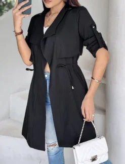Discount Women's Casual Jacket Comfortable Breathable Pocket Fashion Casual Plain Vacation Street Casual Daily Wear Open Front Regular Turndown Regular Fit Long Sleeve Outerwear Black Khaki Army Green Summer Women Jackets|Coats & Trench Coats