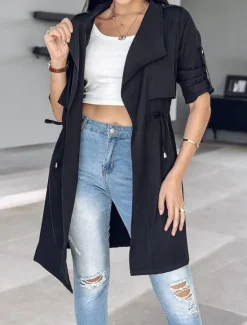 Discount Women's Casual Jacket Comfortable Breathable Pocket Fashion Casual Plain Vacation Street Casual Daily Wear Open Front Regular Turndown Regular Fit Long Sleeve Outerwear Black Khaki Army Green Summer Women Jackets|Coats & Trench Coats