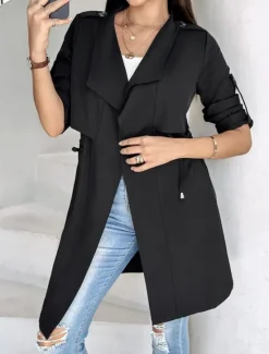 Discount Women's Casual Jacket Comfortable Breathable Pocket Fashion Casual Plain Vacation Street Casual Daily Wear Open Front Regular Turndown Regular Fit Long Sleeve Outerwear Black Khaki Army Green Summer Women Jackets|Coats & Trench Coats