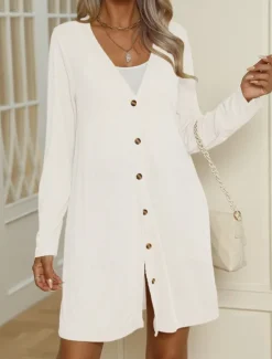 Discount Women's Casual Jacket Comfortable Breathable Buttons Casual Plain Vacation Street Casual Daily Wear Single Breasted Long V Neck Regular Fit Long Sleeve Outerwear Black White Blue Summer Spring Women Jackets|Coats & Trench Coats