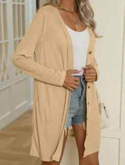Discount Women's Casual Jacket Comfortable Breathable Buttons Casual Plain Vacation Street Casual Daily Wear Single Breasted Long V Neck Regular Fit Long Sleeve Outerwear Black White Blue Summer Spring Women Jackets|Coats & Trench Coats