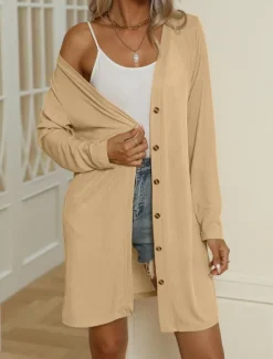 Discount Women's Casual Jacket Comfortable Breathable Buttons Casual Plain Vacation Street Casual Daily Wear Single Breasted Long V Neck Regular Fit Long Sleeve Outerwear Black White Blue Summer Spring Women Jackets|Coats & Trench Coats