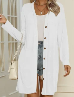 Discount Women's Casual Jacket Comfortable Breathable Buttons Casual Plain Vacation Street Casual Daily Wear Single Breasted Long V Neck Regular Fit Long Sleeve Outerwear Black White Blue Summer Spring Women Jackets|Coats & Trench Coats