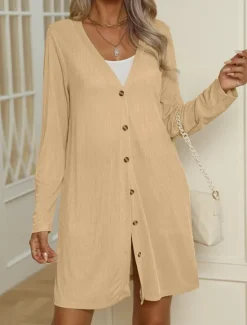Discount Women's Casual Jacket Comfortable Breathable Buttons Casual Plain Vacation Street Casual Daily Wear Single Breasted Long V Neck Regular Fit Long Sleeve Outerwear Black White Blue Summer Spring Women Jackets|Coats & Trench Coats