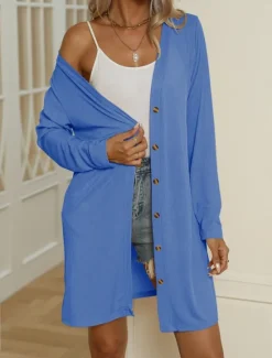 Discount Women's Casual Jacket Comfortable Breathable Buttons Casual Plain Vacation Street Casual Daily Wear Single Breasted Long V Neck Regular Fit Long Sleeve Outerwear Black White Blue Summer Spring Women Jackets|Coats & Trench Coats