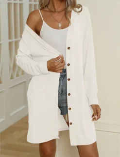Discount Women's Casual Jacket Comfortable Breathable Buttons Casual Plain Vacation Street Casual Daily Wear Single Breasted Long V Neck Regular Fit Long Sleeve Outerwear Black White Blue Summer Spring Women Jackets|Coats & Trench Coats