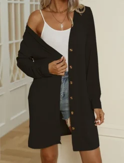 Discount Women's Casual Jacket Comfortable Breathable Buttons Casual Plain Vacation Street Casual Daily Wear Single Breasted Long V Neck Regular Fit Long Sleeve Outerwear Black White Blue Summer Spring Women Jackets|Coats & Trench Coats