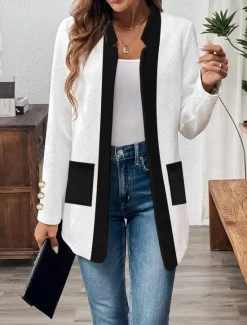 Discount Women's Casual Jacket Comfortable Breathable Pocket Buttons Casual Plain Vacation Street Casual Daily Wear Single Breasted Regular Stand Collar Regular Fit Long Sleeve Outerwear Black White Spring Women Jackets|Coats & Trench Coats