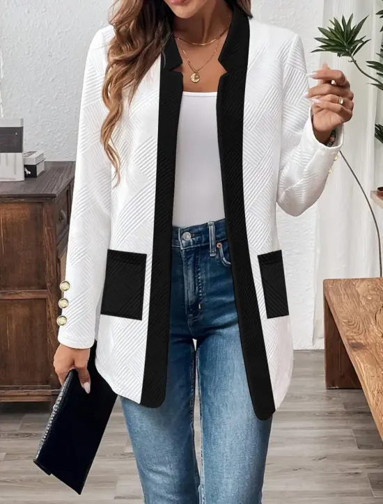 Discount Women's Casual Jacket Comfortable Breathable Pocket Buttons Casual Plain Vacation Street Casual Daily Wear Single Breasted Regular Stand Collar Regular Fit Long Sleeve Outerwear Black White Spring Women Jackets|Coats & Trench Coats