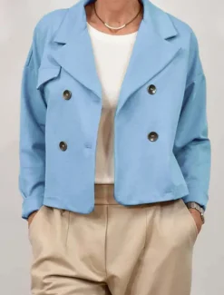 Outlet Women's Casual Jacket Comfortable Breathable Buttons Casual Plain Vacation Street Casual Daily Wear Double Breasted Short Turndown Regular Fit Long Sleeve Outerwear Pink Sky Blue Green Spring Fall Women Jackets