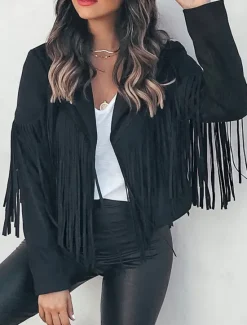 Women's Casual Jacket Dailywear Tassel Solid Color Windproof Vintage Regular Fit Outerwear Long Sleeve Summer Maroon S Women Jackets