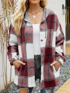 Sale Women's Casual Jacket Dailywear Button Plaid Casual / Daily Vintage Loose Fit Outerwear Long Sleeve Summer Wine Red S Women Jackets