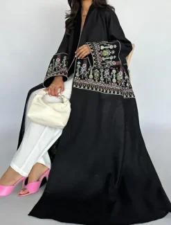 Discount Women's Casual Jacket Daily Wear Summer Spring Fall Maxi Coat Regular Fit Breathable Artistic / Retro Casual Jacket Long Sleeve Floral Embroidered Black Green Women Cardigans & Outerwears