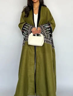 Discount Women's Casual Jacket Daily Wear Summer Spring Fall Maxi Coat Regular Fit Breathable Artistic / Retro Casual Jacket Long Sleeve Floral Embroidered Black Green Women Cardigans & Outerwears