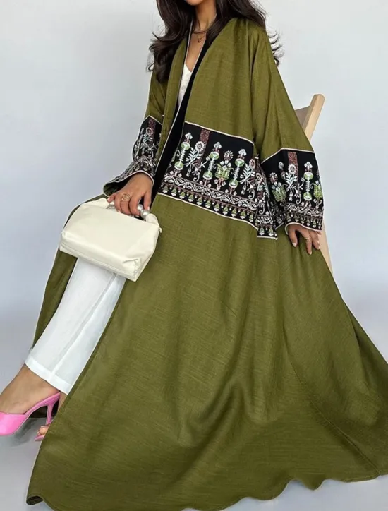 Discount Women's Casual Jacket Daily Wear Summer Spring Fall Maxi Coat Regular Fit Breathable Artistic / Retro Casual Jacket Long Sleeve Floral Embroidered Black Green Women Cardigans & Outerwears