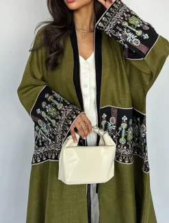 Discount Women's Casual Jacket Daily Wear Summer Spring Fall Maxi Coat Regular Fit Breathable Artistic / Retro Casual Jacket Long Sleeve Floral Embroidered Black Green Women Cardigans & Outerwears