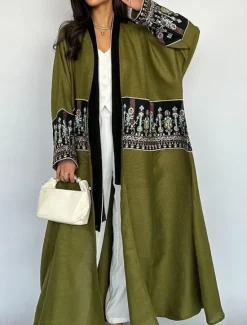 Discount Women's Casual Jacket Daily Wear Summer Spring Fall Maxi Coat Regular Fit Breathable Artistic / Retro Casual Jacket Long Sleeve Floral Embroidered Black Green Women Cardigans & Outerwears